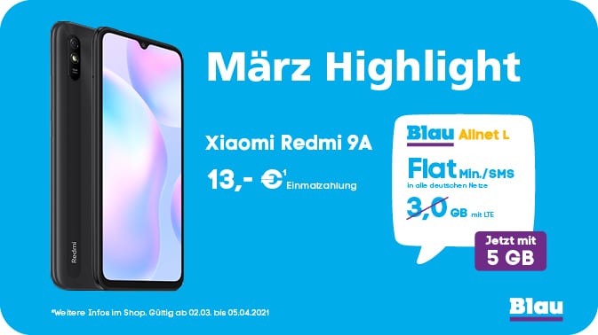Xiaomi Redmi 9A überzeugt im blau Allnet L Tarif