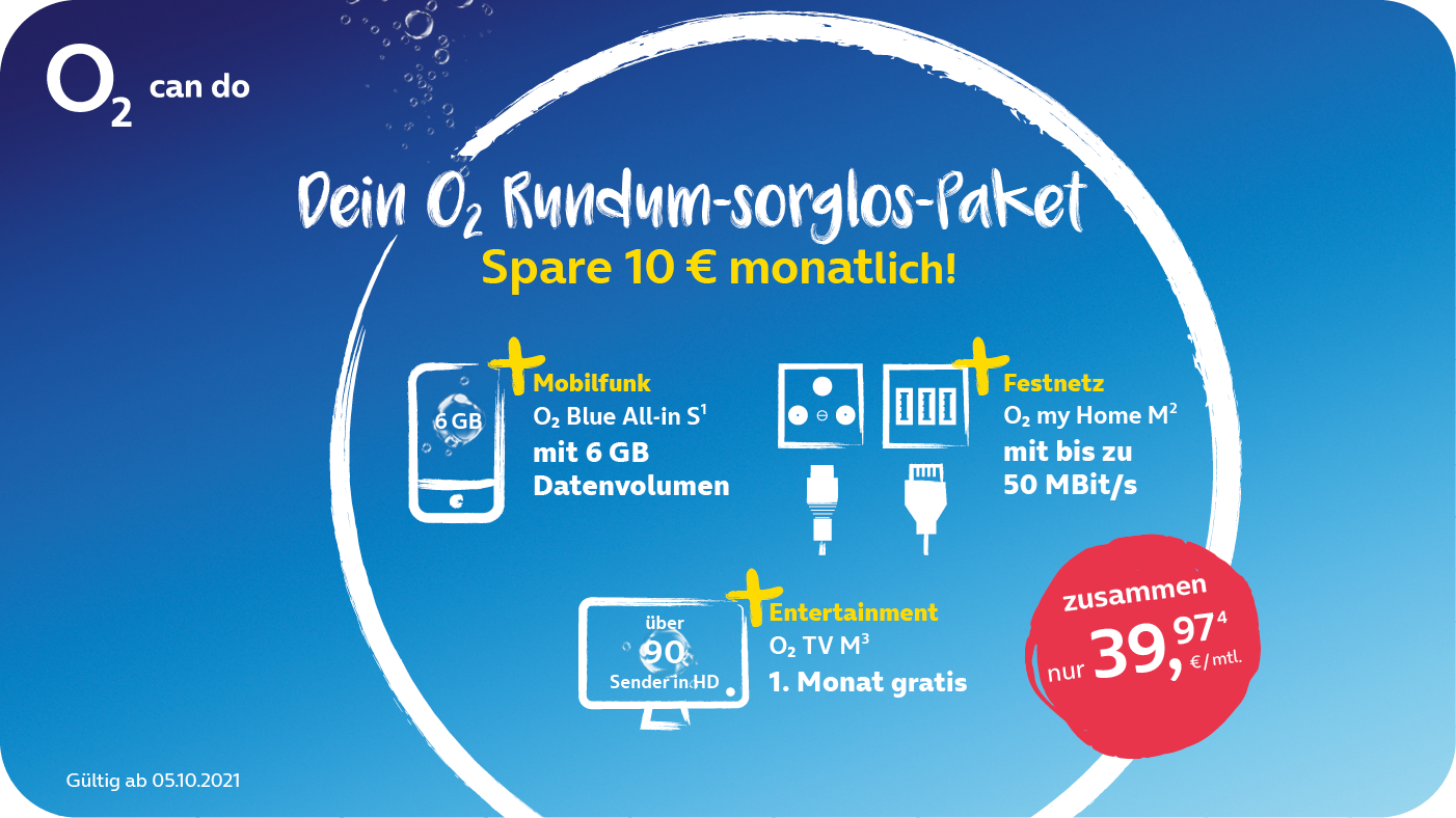Monatlich 10 €  sparen mit dem Rundum-sorglos-Paket von o2