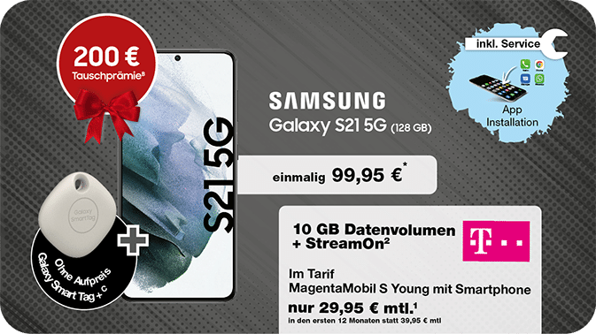 Samsung Galaxy S21 5G: Erhalte jetzt im Telekom Tarif ein Smart Tag+ gratis dazu.