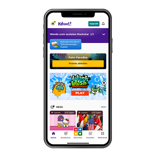 DescriptionSmartphone mit geöffneter Kahoot-App, die die Prämienfunktion anzeigt.