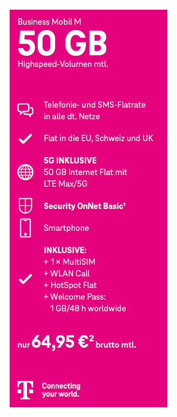 Angebotsgrafik für Business Mobil M ab 64,95 Euro monatlich mit Datenvolumen, Telefonie- und SMS-Flatrate, Flat in die EU, Schweiz und UK, 5G, Security OnNet Basic, MultiSIM, WLAN Call, HotSpot Flat und Welcome Pass.