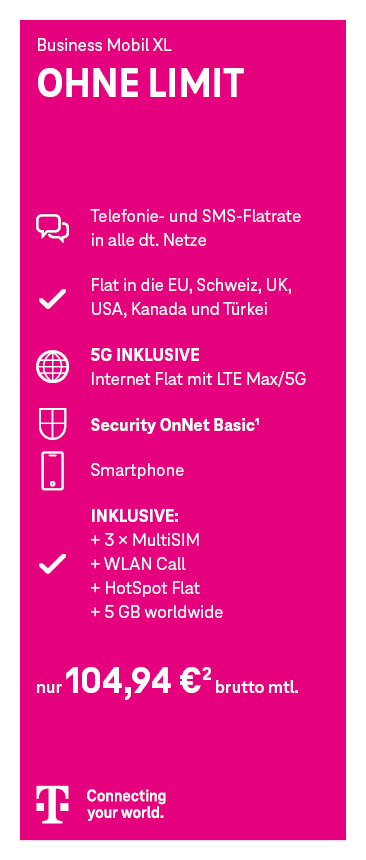 Telekom-Werbegrafik zum Tarif „Business Mobil XL OHNE LIMIT“ mit magentafarbenem Hintergrund. Enthalten sind Flatrates für Telefonie, SMS und Daten (inkl. 5G), Nutzung im Ausland, Smartphone, MultiSIM, WLAN Call und weitere Extras. Monatlicher Bruttopreis: 104,94 €.