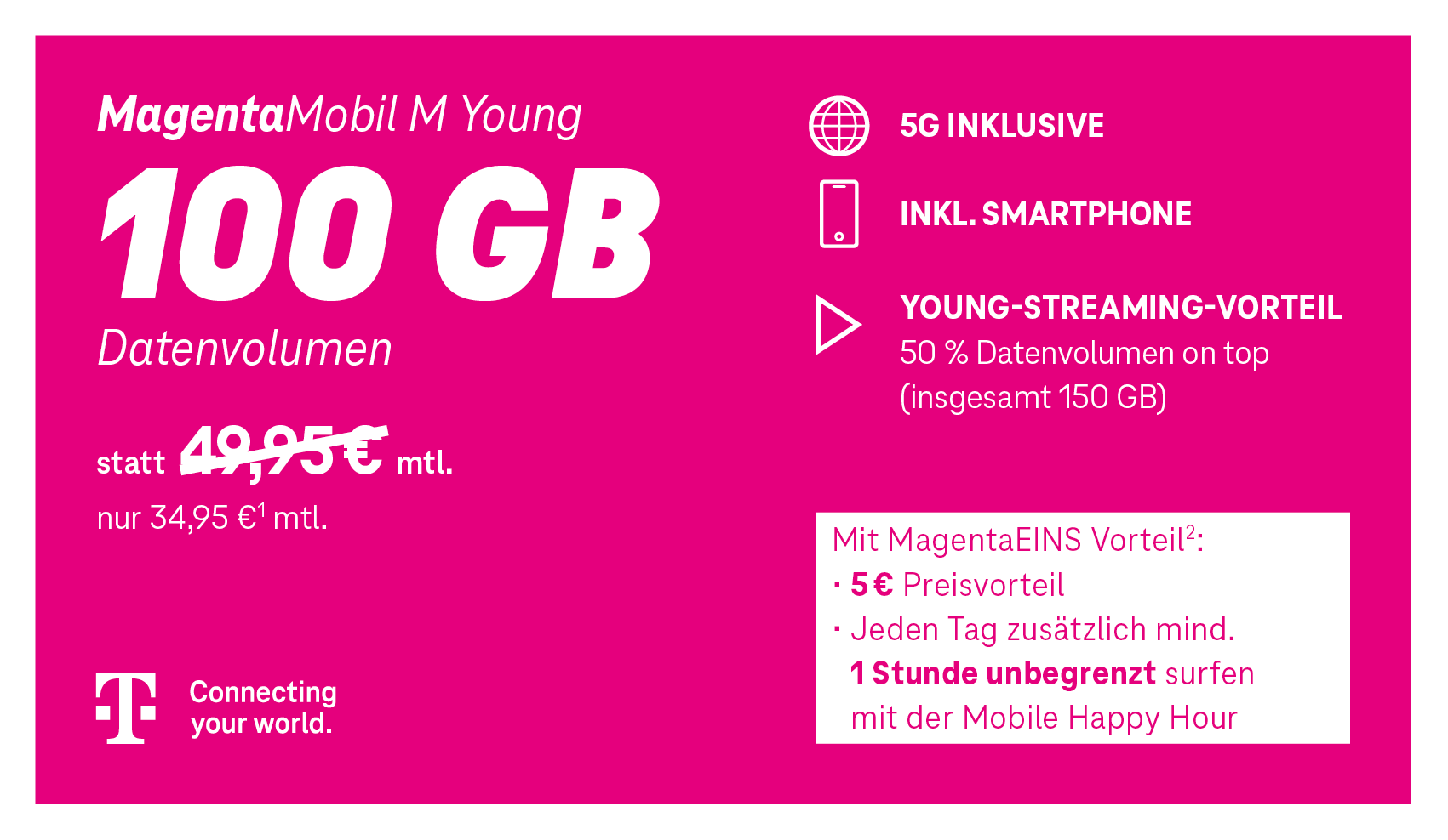 Angebotsgrafik für MagentaMobile M Young ab 34,95 Euro monatlich mit Datenvolumen, 5G, Young-Streaming-Vorteil und MagentaEINS Vorteil.