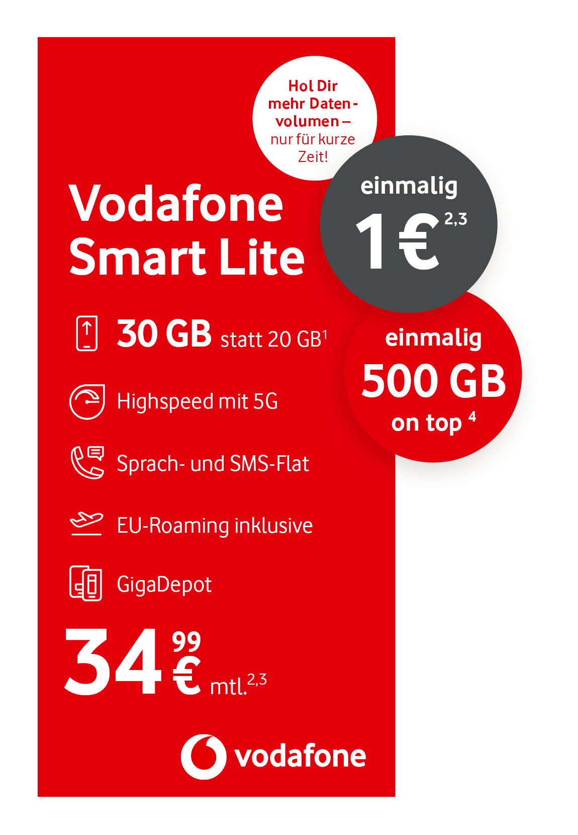 Angebotsgrafik für Vodafone Smart Lite: Ab 34,99 Euro monatlich mit Datenvolumen und 500 GB Daten Depot