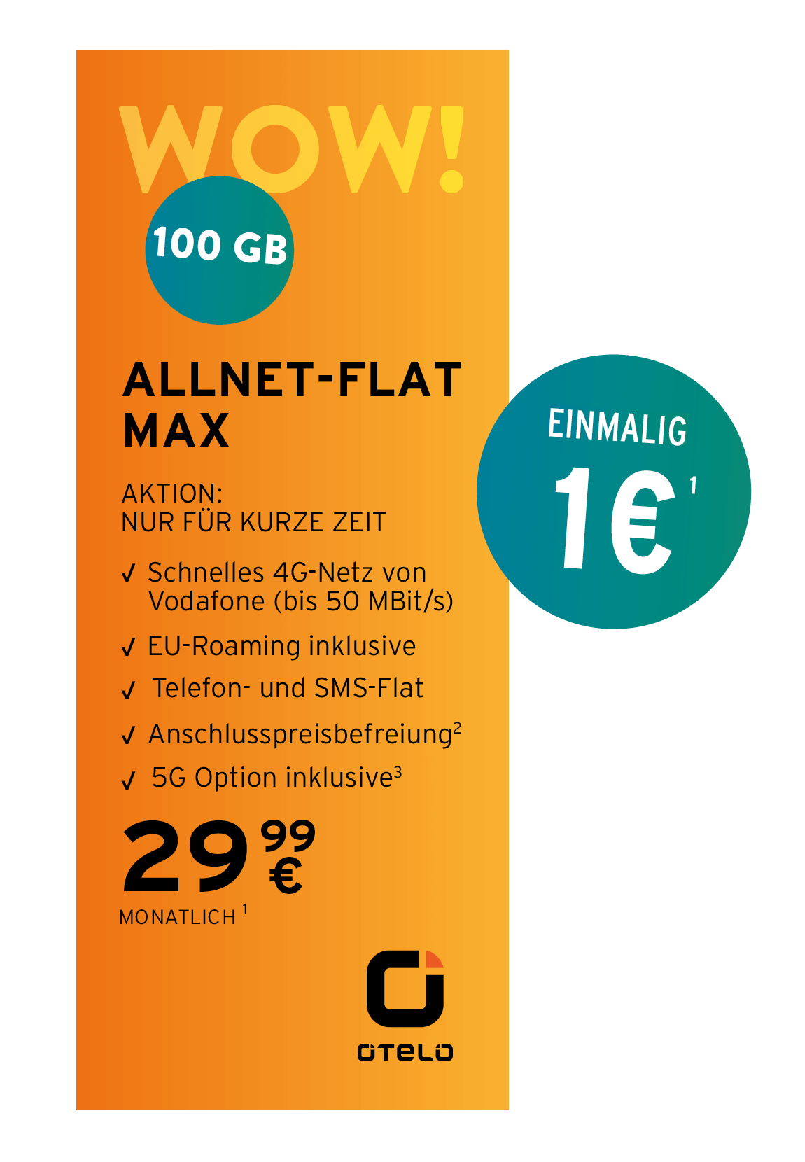 Angebotsgrafik für otelo Allnet-Flat-Max: Ab 29,99 Euro monatlich mit Datenvolumen 
