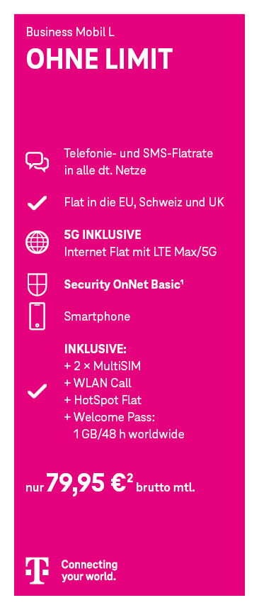 Angebotsgrafik für Telekom Business Mobile L: Ab 79,95 Euro monatlich mit Datenvolumen, Telefonie- und SMS-Flatrate, Flat in die EU, Schweiz und UK, 5G, Security OnNet Basic, MultiSIM, WLAN Call, HotSpot Flat und Welcome Pass.