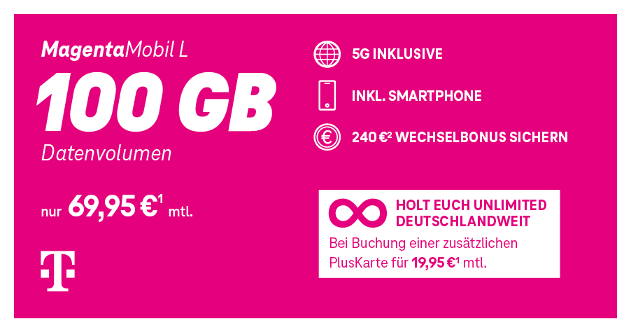 „Tarif MagentaMobil L: 100 GB Highspeed-Daten mit 5G, Flatrate für Telefonie & SMS, EU-Roaming inklusive, 69,95 € im Monat.