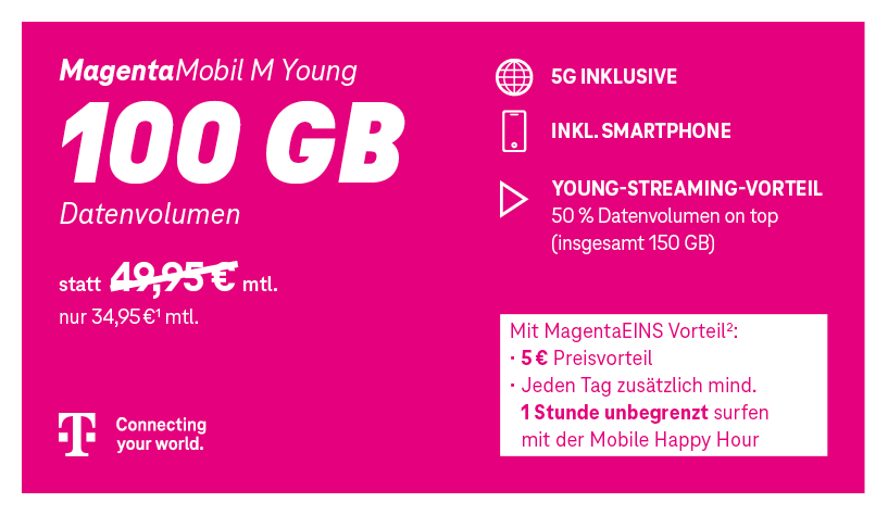 Angebotsgrafik für MagentaMobile M Young ab 34,95 Euro monatlich mit Datenvolumen, 5G, Young-Streaming-Vorteil und MagentaEINS Vorteil.