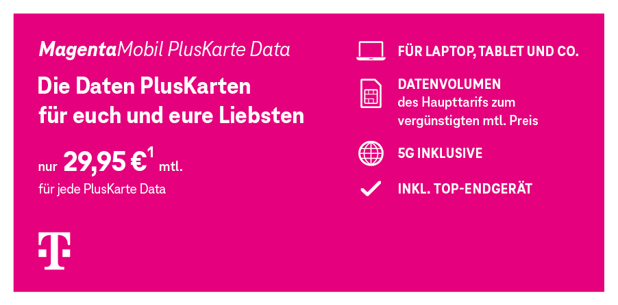 Angebotsgrafik für MagentaMobil Pluskarte Data ab 29,95 Euro monatlich mit Datenvolumen und 5G