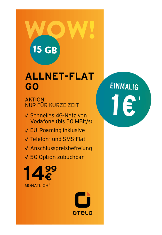Angebotsgrafik für otelo Allnet-Flat-Go: Ab 14,99 Euro monatlich mit Datenvolumen 