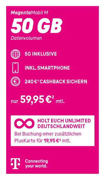 Angebotsgrafik für Magenta Mobile M ab 59,95 Euro monatlich mit Datenvolumen, 5G, Smartphone und Cashback.