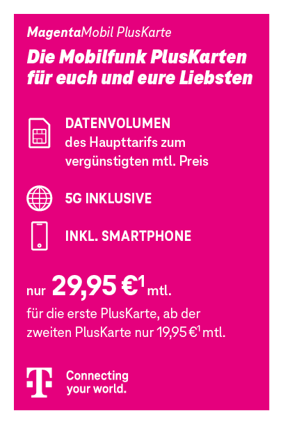 Telekom MagentaMobil PlusKarte: 5G, Datenvolumen und Smartphone ab 29,95 € monatlich.