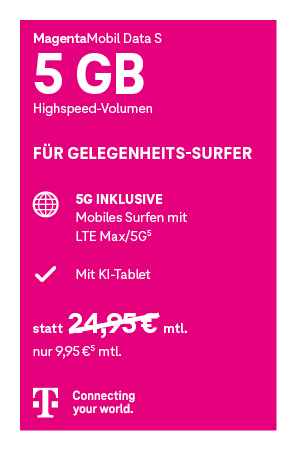 Angebotsgrafik für MagentaMobile Data S ab 9,95 Euro monatlich mit Datenvolumen.