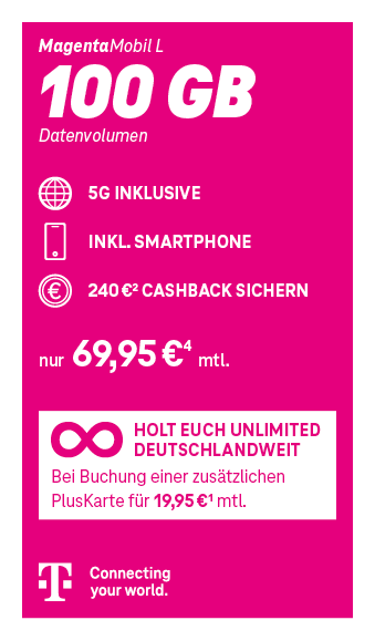 Angebotsgrafik für MagentaMobile L ab 69,95 Euro monatlich mit Datenvolumen.