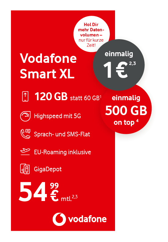 Angebotsgrafik für Vodafone Smart XL: Ab 54,99 Euro monatlich mit Datenvolumen, 5G-Highspeed, einer Sprach- und SMS-Flatrate, EU-Roaming und GigaDepot. Zusätzlich wird einmalig ein Datenbonus von 500 GB angeboten.