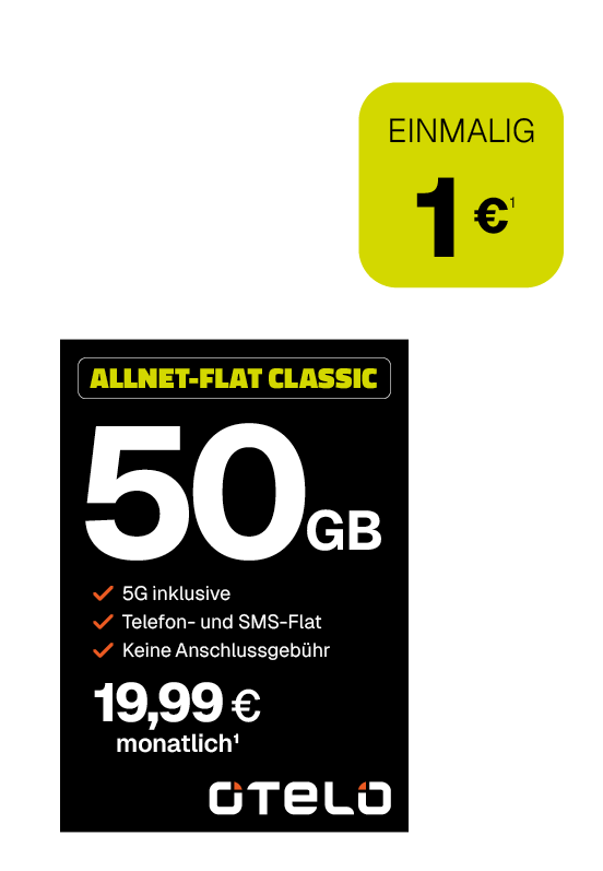 Werbeanzeige für den Mobilfunktarif „ALLNET-FLAT CLASSIC“ von Otelo. Der Tarif bietet 50 GB Datenvolumen mit 5G, eine Telefon- und SMS-Flatrate sowie keine Anschlussgebühr. Monatlicher Preis: 19,99 Euro. Einmaliger Preis: 1 Euro. Das Design ist in Schwarz mit gelber und weißer Schrift gestaltet. Das Otelo-Logo befindet sich am unteren Rand.