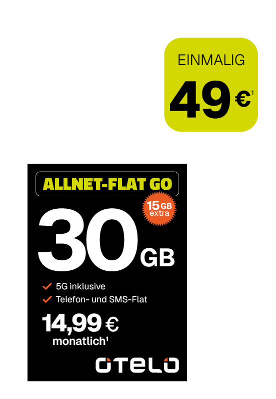 Werbeanzeige von Otelo für den Mobilfunktarif „Allnet-Flat Go“. Der Tarif umfasst 30 GB Datenvolumen, inklusive 15 GB Extra-Daten. Leistungen: 5G-Nutzung, Telefon- und SMS-Flatrate. Der monatliche Preis beträgt 14,99 Euro. Einmalige Kosten: 49 Euro. Das Otelo-Logo ist unten auf der Anzeige zu sehen.