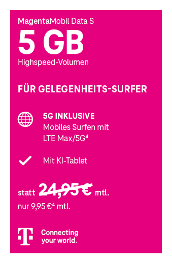Angebotsgrafik für MagentaMobile Data S ab 9,95 Euro monatlich mit Datenvolumen.