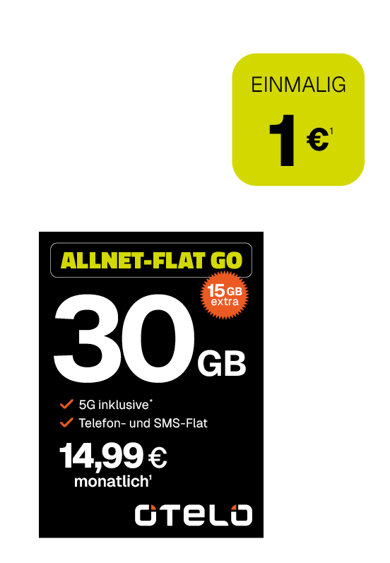 Angebotsgrafik für otelo Allnet-Flat-Go: Ab 14,99 Euro monatlich mit Datenvolumen. 