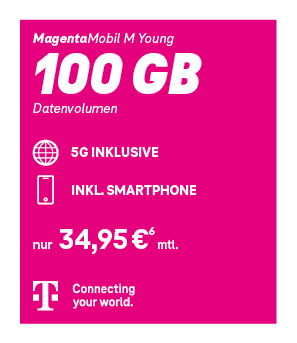 Werbeanzeige der Telekom für den Tarif MagentaMobil M Young mit 100 GB Datenvolumen. Enthalten sind 5G sowie ein Smartphone. Der monatliche Preis beträgt 34,95 €. Unten befindet sich das Telekom-Logo mit dem Slogan „Connecting your world.“