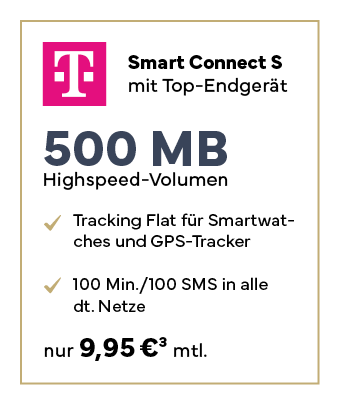 Telekom Smart Connect S mit Top-Endgerät Tarif für 9,95 € monatlich. Inklusive Tracking-Flat und 100 Minuten Telefonie oder 100 SMS. Optimal für GPS-Tracker und Smartwatches.