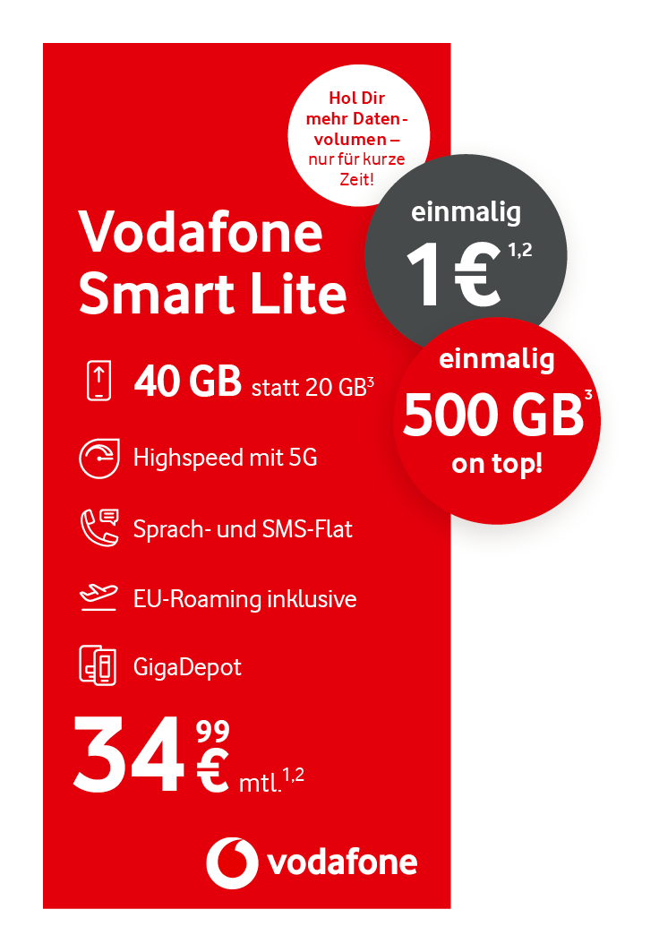 Angebotsgrafik für Vodafone Smart Lite: Ab 34,99 Euro monatlich mit Datenvolumen und 500 GB Daten Depot