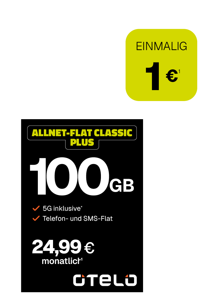 Werbegrafik für einen Mobilfunktarif von otelo: „Allnet-Flat Classic Plus“ mit 100 GB Datenvolumen, 5G inklusive sowie Telefon- und SMS-Flat. Monatlicher Preis 24,99 Euro. Zusätzlich Hinweis auf einen einmaligen Preis von 1 Euro.
