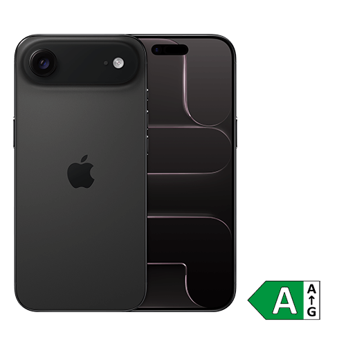 Abgebildet ist ein schwarzes Apple iPhone Air. Es ist sowohl von der Vorder- als auch von der Rückseite zu sehen. Auf der Rückseite befindet sich eine einzelne Kamera oben links mit Blitz, auf der Vorderseite das Display mit der typischen Dynamic Island. Unten rechts ist ein Energieeffizienzlabel mit der Einstufung A dargestellt.