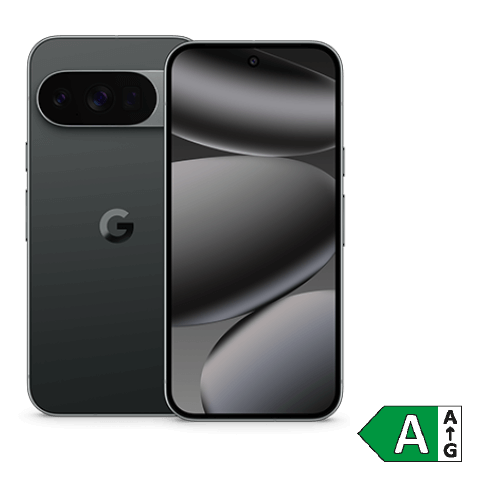 Google Pixel 10 Pro in dunkler Farbe, Vorder- und Rückseite sichtbar. Auf der Rückseite befindet sich das Google-Logo sowie ein horizontal angeordnetes Kameramodul mit mehreren Linsen. Das Display auf der Vorderseite zeigt ein abstraktes schwarzes und graues Hintergrundbild. In der rechten unteren Ecke des Bildes ist ein grünes Energieeffizienzlabel mit der Klasse A zu sehen.