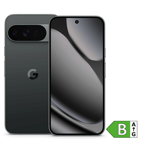Google Pixel 10 Pro XL, Vorder- und Rückseite sichtbar. Auf der Rückseite befindet sich das Google-Logo und ein horizontal angeordnetes Kameramodul mit drei Linsen. Auf der Vorderseite ist das Display mit zentrierter Frontkamera zu sehen. In der rechten unteren Ecke des Bildes ist ein grünes Energieeffizienzlabel mit der Klasse B abgebildet.