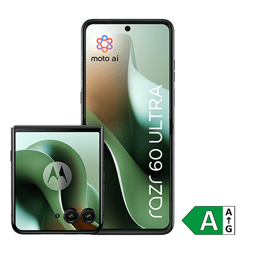 Abgebildet ist ein Motorola-Smartphone vom Modell „razr 60 ultra“ in der Farbe grün. Links ist die Rückseite eingeklappt mit zwei großen Kameralinsen und einem kleineren Sensor in einem quadratischen Kameramodul zu sehen. Rechts daneben ist die Vorderseite des Smartphones mit einem nahezu randlosen Display abgebildet. Auf dem Bildschirm steht „moto ai“ und am unteren Rand „razr 60 ultra“. Unten rechts befindet sich ein grünes Energieeffizienzlabel mit der Klasse „A“, was eine sehr gute Energieeffizienz anzeigt.