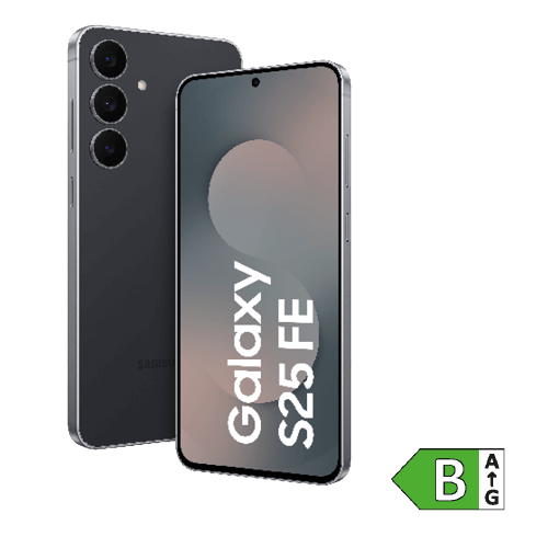Abbildung des Smartphones Samsung Galaxy S25 FE in Schwarz, Vorder- und Rückseite sichtbar. Auf dem Display ist die Modellbezeichnung „Galaxy S25 FE“ zu lesen. Rechts unten im Bild ist das Energieeffizienzlabel mit der Klasse „B“ gemäß ATG (Allgemeines Technisches Gütesiegel) abgebildet.