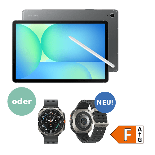 Bild zeigt ein Samsung Galaxy Tablet mit einem weißen Stift darauf. Daneben sind zwei Smartwatches abgebildet, eine davon mit der Markierung ‚NEU!‘. Zwischen den Geräten steht in einer Sprechblase das Wort ‚oder‘. Unten rechts befindet sich ein orangefarbenes Symbol mit der Buchstabenkombination ‚F ATG‘.