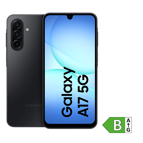 Abbildung eines schwarzen Smartphones, Modell Samsung Galaxy A17 5G. Auf der Vorderseite ist das Display mit einem blauen Hintergrund und der Aufschrift ‚Galaxy A17 5G‘ zu sehen. Links daneben ist die Rückseite mit drei Kameralinsen und einem Blitz dargestellt. Unten rechts im Bild befindet sich ein grünes Symbol mit der Aufschrift ‚B‘.