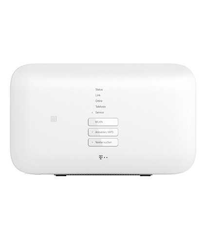 Abgebildet ist ein weißer WLAN-Router der Telekom mit abgerundeten Kanten. Auf der Vorderseite befinden sich mehrere Statusanzeigen mit Beschriftungen wie ‚Status‘, ‚LAN‘, ‚Online‘, ‚Telefon‘ und ‚Service‘ sowie Tasten für ‚WLAN‘, ‚Abmelden/WPS‘ und ‚Seite suchen‘. Unter den Anzeigen ist das Telekom-Logo zu sehen.