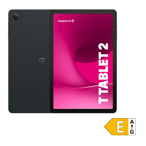 Abbildung von Telekom T Tablet 2 in der Farbe schwarz. Vorder- und Rückseite sichtbar. Daneben ein Energieeffizienzlabel mit der Klasse E.