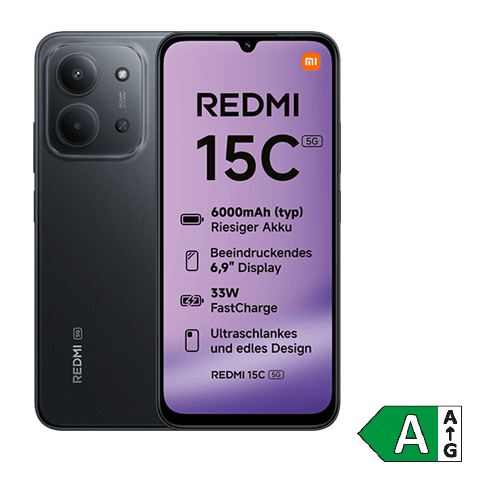 Xiaomi Redmi 15C in schwatz, Vorder- und Rückseite sichtbar.