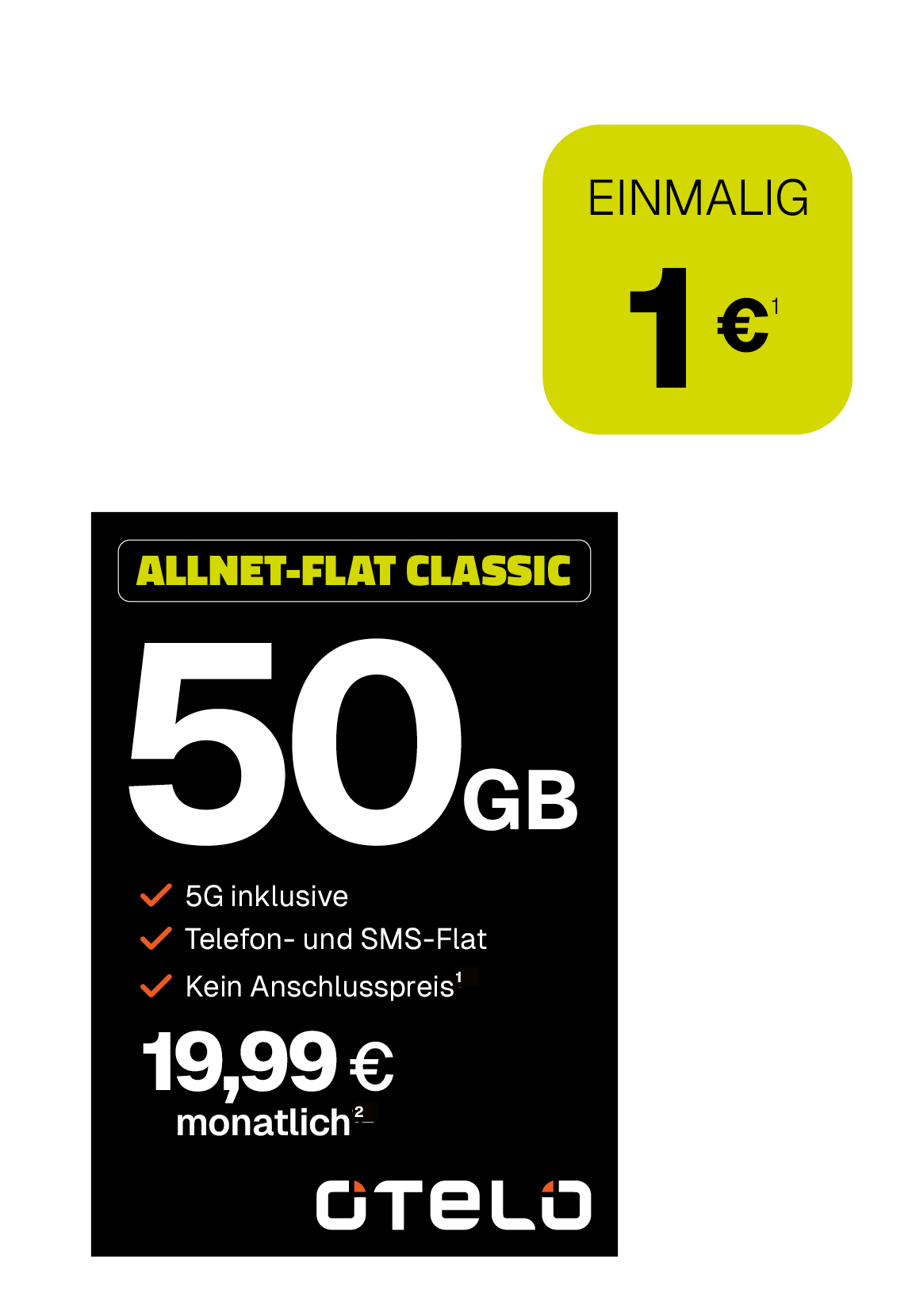 Werbeanzeige für den Mobilfunktarif „Allnet-Flat Classic“ von Otelo. Der Tarif bietet 50 GB Datenvolumen im Vodafone 4G-Netz (bis zu 50 Mbit/s), EU-Roaming, Telefon- und SMS-Flat, Anschlussgebührbefreiung und eine 5G-Option inklusive. Monatlicher Preis: 19,99 Euro. Einmaliger Gerätepreis: 1 Euro.