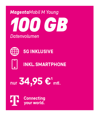 Telekom MagentaMobil M Young Handytarif mit 100 GB Datenvolumen, 5G inklusive, Smartphone im Vertrag und Preis ab 34,95 Euro pro Monat