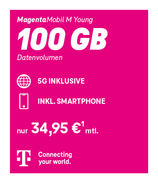 Telekom MagentaMobil M Young Handytarif mit 100 GB Datenvolumen, 5G inklusive, Smartphone im Vertrag und Preis ab 34,95 Euro pro Monat