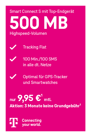 Telekom Smart Connect S mit Top-Endgerät Tarif für 9,95 € monatlich. Inklusive Tracking-Flat und 100 Minuten Telefonie oder 100 SMS. Optimal für GPS-Tracker und Smartwatches.