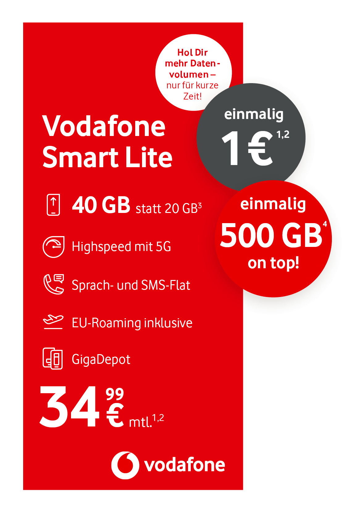 Werbegrafik für den Mobilfunktarif „Vodafone Smart Lite“. Der Tarif bietet 40GB Datenvolumen statt 20 GB, Highspeed mit 5G, eine Sprach- und SMS-Flatrate, EU-Roaming sowie GigaDepot. Der monatliche Preis beträgt 34,99 Euro. Zusätzlich wird ein einmaliger Preis von 1 Euro hervorgehoben und ein einmaliger Datenbonus von 500 GB angeboten.
