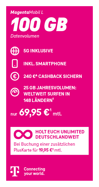 Werbeanzeige der Telekom für den Tarif MagentaMobil L mit 100 GB Datenvolumen. Enthalten sind 5G, ein Smartphone und 240 € Cashback. Der monatliche Preis beträgt 69,95 €. Zusätzlich wird eine „Unlimited Deutschlandweit“-Option bei Buchung einer PlusKarte für 19,95 € pro Monat beworben. Unten steht das Telekom-Logo mit dem Slogan „Connecting your world.“