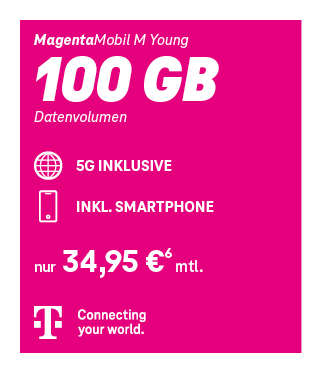 Telekom MagentaMobil m Young Tarif mit 100 GB Datenvolumen, 5G inklusive, Smartphone inklusive für 34,95 € monatlich – Telekom Mobilfunk Angebot.