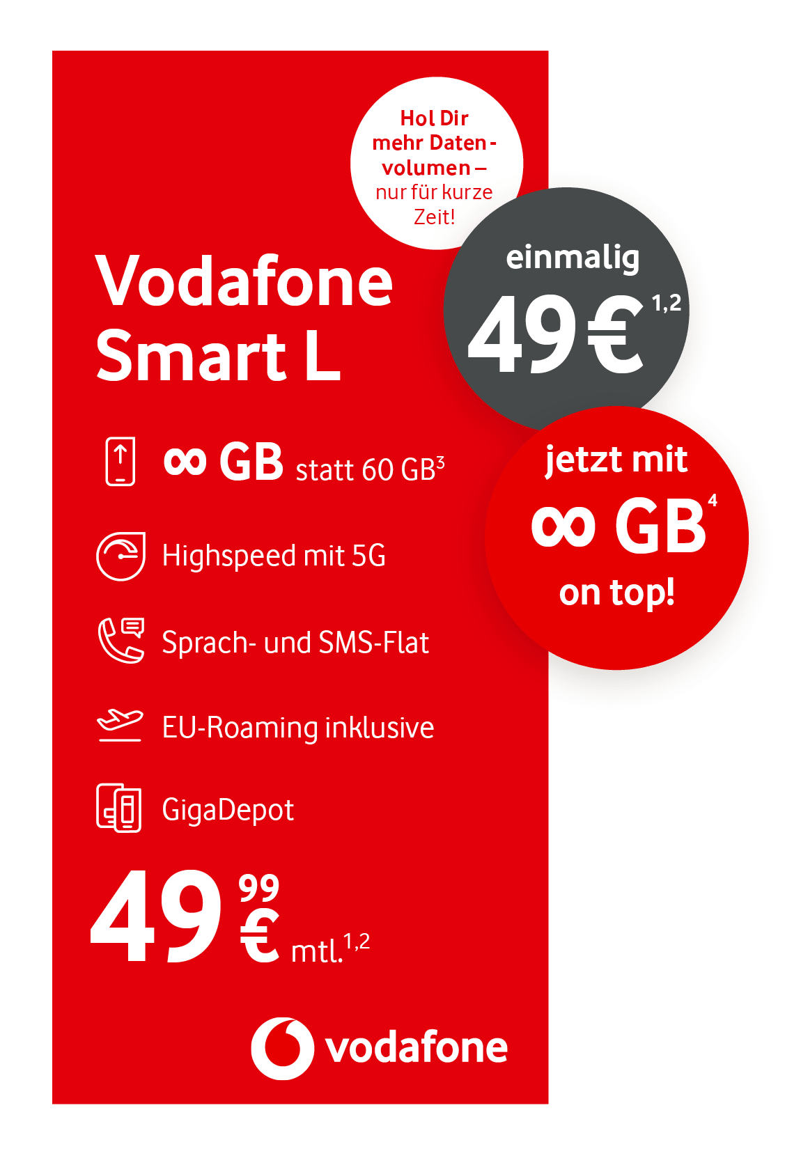 Werbegrafik für den Tarif „Vodafone Smart L“: Unbegrenztes Datenvolumen statt 60 GB, 5G-Highspeed, Sprach- und SMS-Flat, EU-Roaming und GigaDepot inklusive. Monatlicher Preis 49,99 €, einmaliger Preis 49 €. Zeitlich begrenztes Angebot mit zusätzlichem unbegrenztem Datenvolumen.