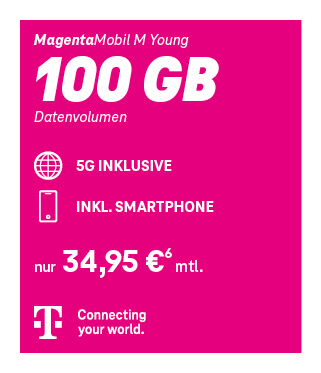 Telekom MagentaMobil M Young Handytarif mit 100 GB Datenvolumen, 5G inklusive, Smartphone im Vertrag und Preis ab 34,95 Euro pro Monat