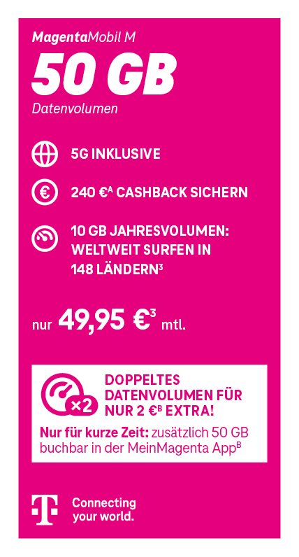MagentaMobil M Tarif der Telekom mit 50 GB Datenvolumen inklusive 5G. 240 Euro Cashback. Monatlicher Preis 49,95 Euro. Telekom – Connecting your world.