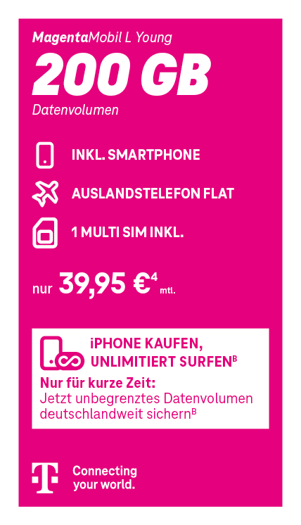 Telekom MagentaMobil L Young Tarif mit 200 GB Datenvolumen, 5G inklusive, Smartphone inklusive, Auslands-Telefon-Flat und 1 Multi-SIM für 39,95 € monatlich – Telekom Mobilfunk Angebot.