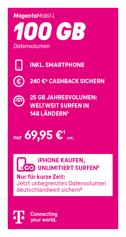 Magentafarbene Telekom-Werbegrafik für den Tarif „MagentaMobil L“. Hervorgehoben werden 100 GB Datenvolumen sowie ein Smartphone inklusive. Außerdem werden 240 Euro Cashback und 25 GB Jahresvolumen für mobiles Surfen in 148 Ländern beworben. Der monatliche Preis beträgt 69,95 Euro. Zusätzlich wird eine zeitlich begrenzte Aktion beworben: Für 2 Euro extra pro Monat kann über die MeinMagenta App ein weiteres Datenpaket mit 100 GB hinzugebucht werden. Unten ist das Telekom-Logo mit dem Slogan „Connecting your world.“ abgebildet.