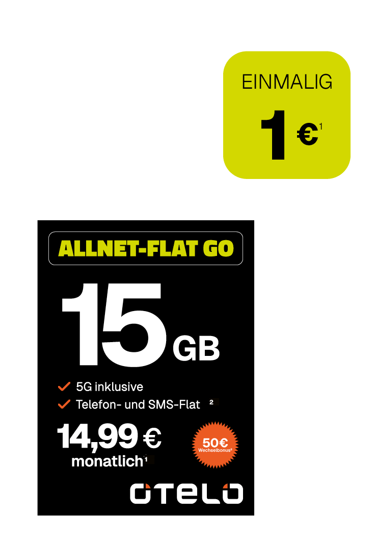 Werbeanzeige von Otelo für den Mobilfunktarif „Allnet-Flat Go“. Der Tarif umfasst 15 GB Datenvolumen, inklusive 15 GB Extra-Daten. Leistungen: 5G-Nutzung, Telefon- und SMS-Flatrate. Der monatliche Preis beträgt 14,99 Euro. Einmalige Kosten: 1 Euro. Das Otelo-Logo ist unten auf der Anzeige zu sehen.